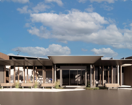 A render of the outside of the Taranaki Cacner Centre