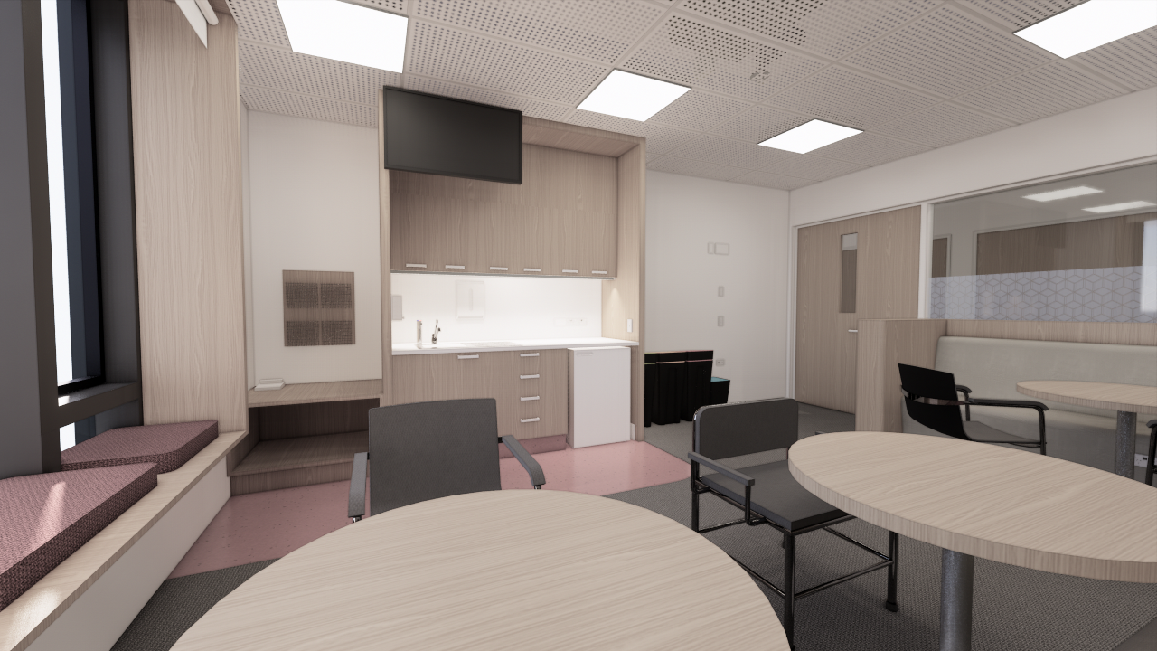 A render of the whānau room in ICU